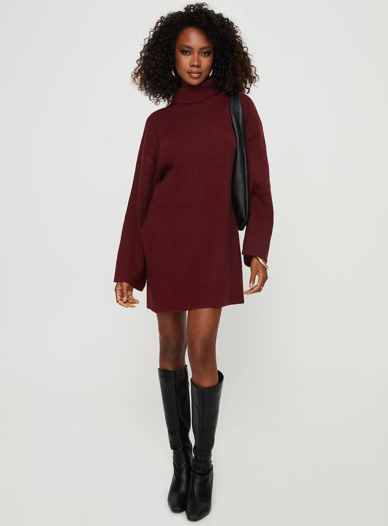 front view of model wearing Princess Polly Sonelle Knit Mini Dress Burgundy High Neck 