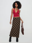   front view of model wearing Princess Polly Hayze Maxi Skirt Brown Check Maxi 