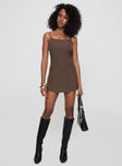 front view of model wearing Princess Polly Cookie Mini Dress Chocolate Scoop Neck 