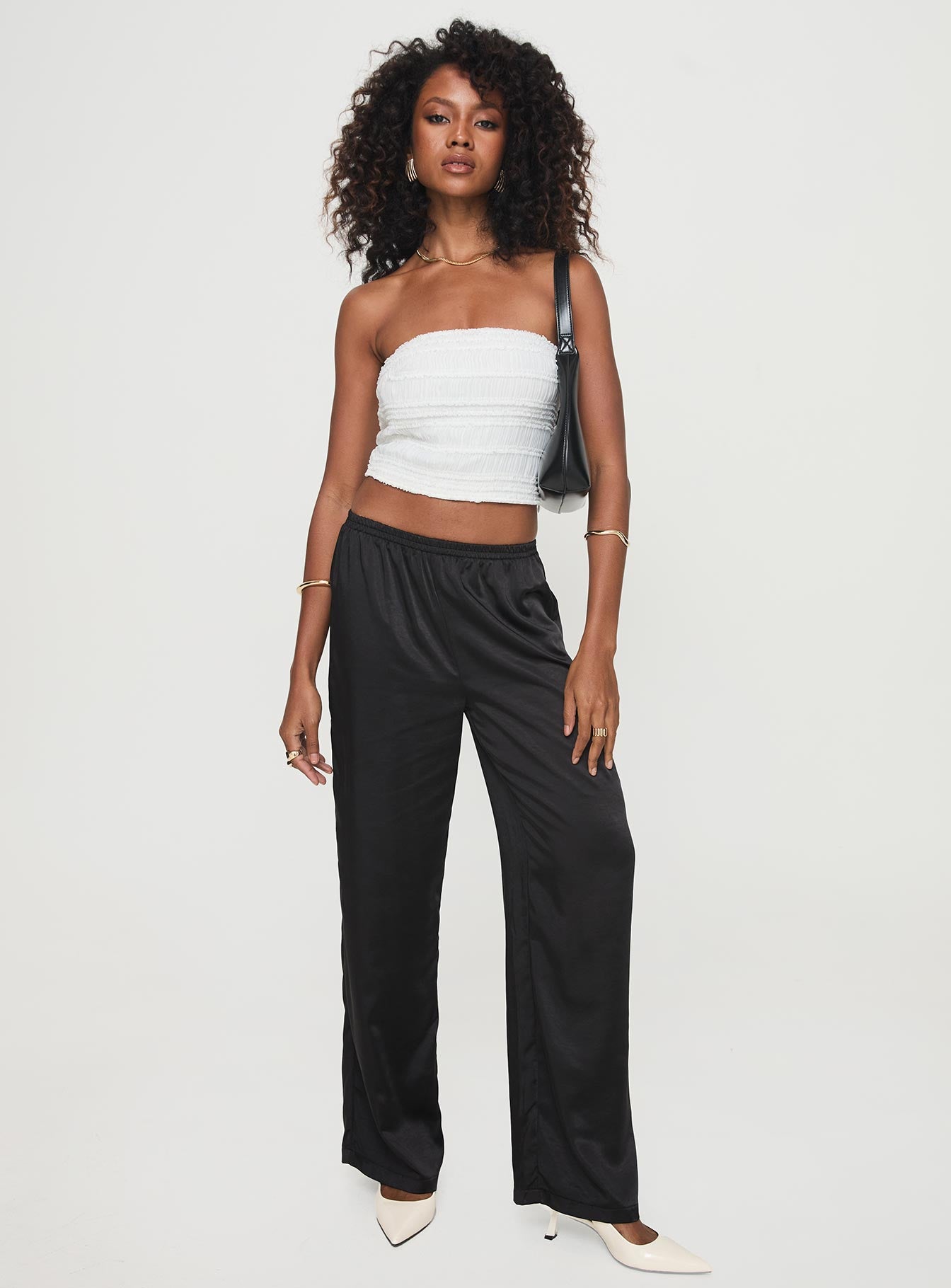 side view of model wearing Princess Polly Lelande Tube Top White Sleeveless straight 