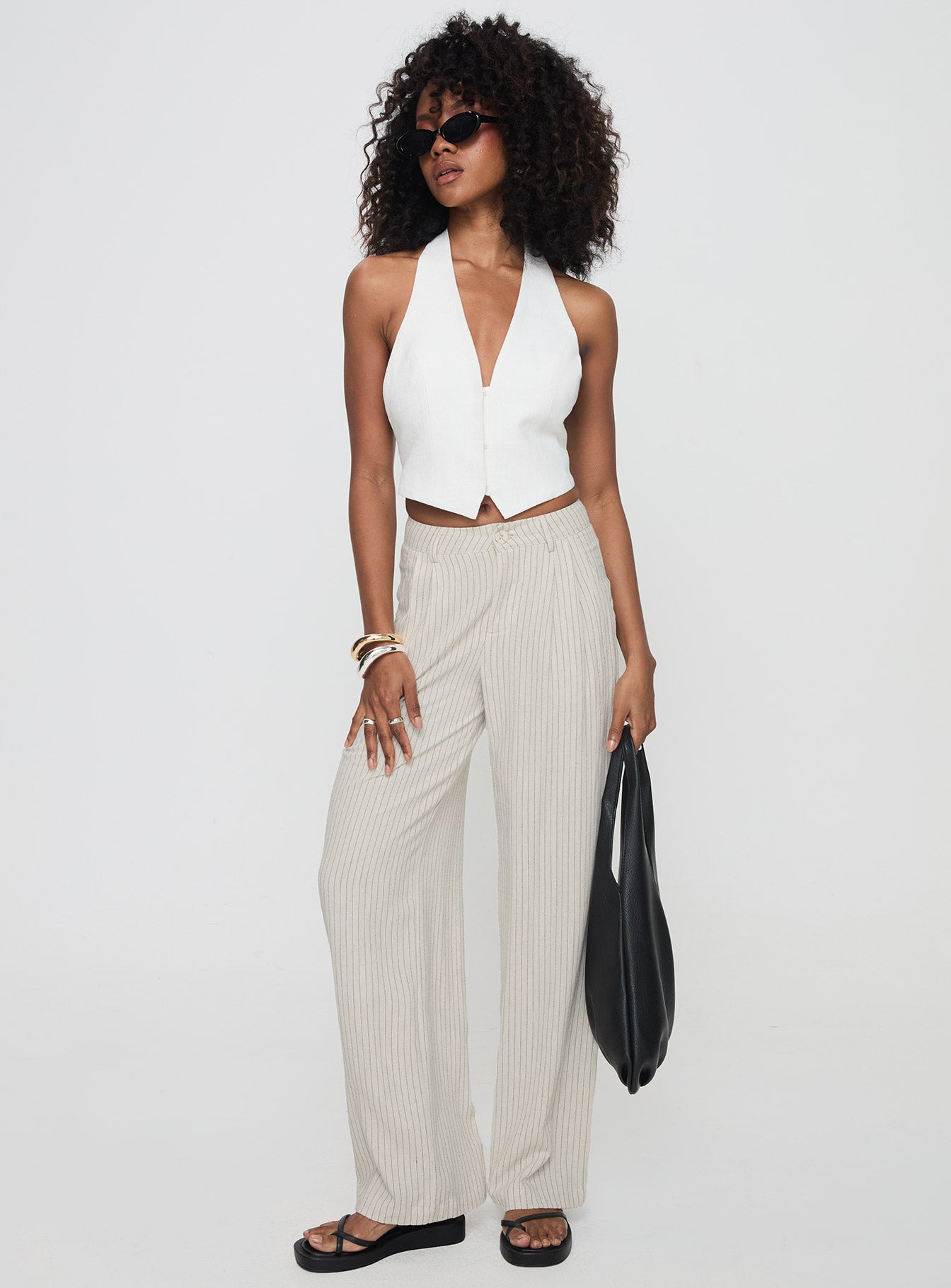 front view of model wearing Princess Polly Hayze Linen Pant Beige Pinstripe High Waisted Pants 