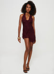 side view of model wearing Princess Polly Gina Asymmetric Mini Dress Burgundy Plunger 