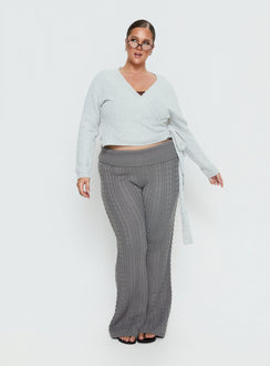 back view of model wearing Princess Polly Tonee Wrap Knit Cardigan Grey Curve cropped 