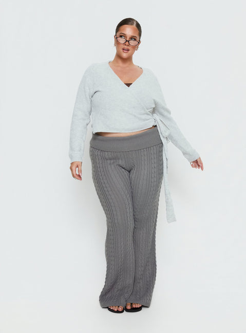 back view of model wearing Princess Polly Tonee Wrap Knit Cardigan Grey Curve cropped 