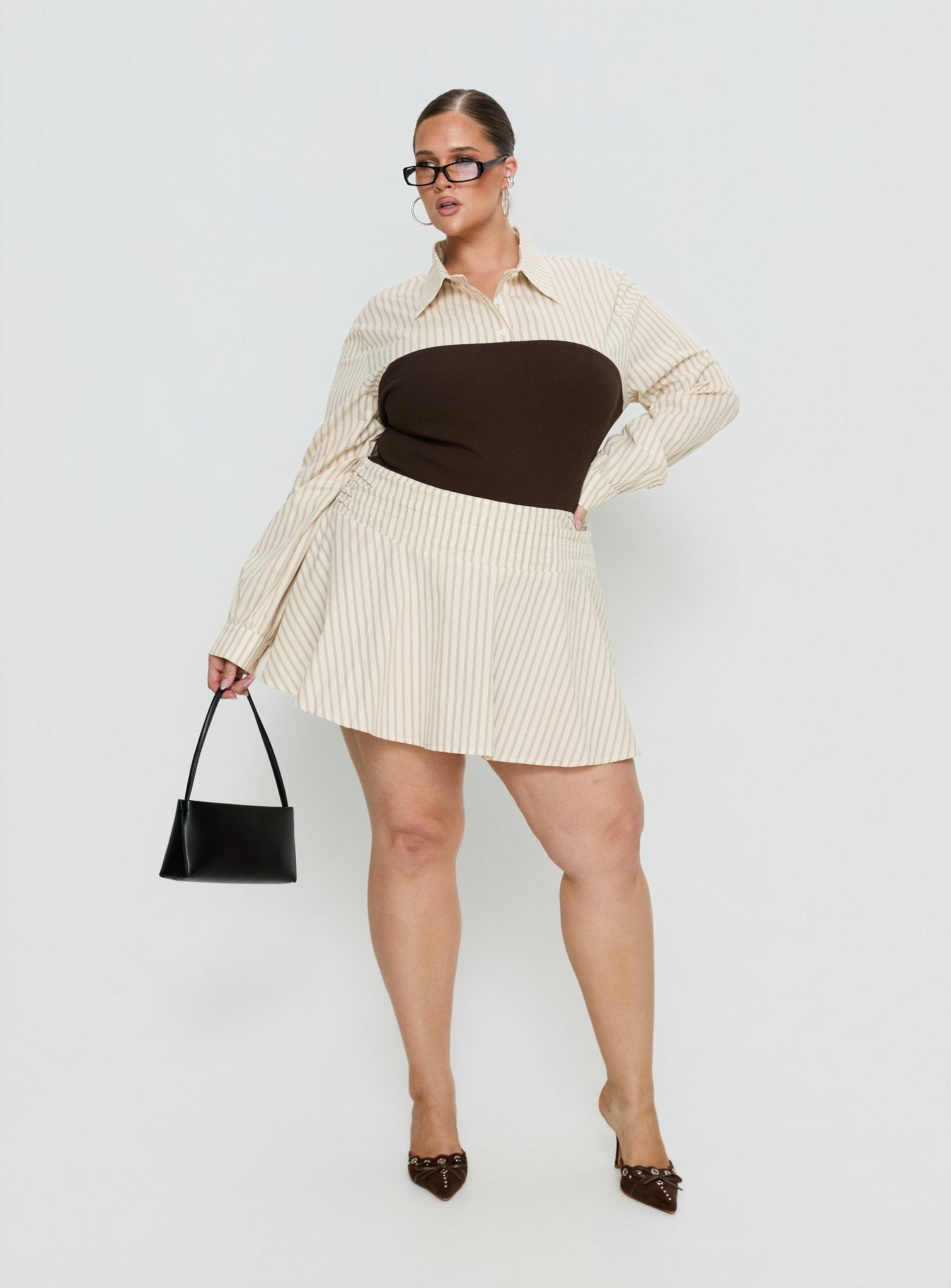 Belva Long Sleeve Corset Shirt Mini Dress Curve | Brown Stripe | Womens | Princess Polly Curve Belva Long Sleeve Corset Shirt Mini Dress Curve | Brown Stripe | Womens | Princess Polly Curve