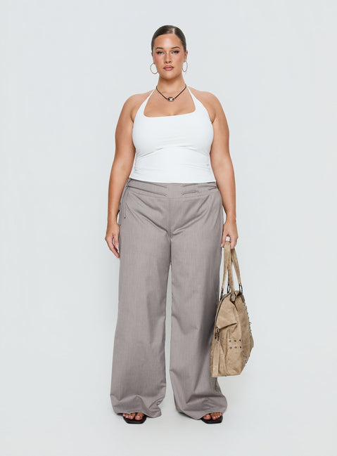 front view of model wearing Princess Polly Just Have Fun Wide Leg Pant Grey Curve Mid Rise Pants 