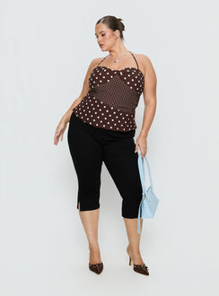 back view of model wearing Princess Polly Baseline Rib Capri Pants Black Curve Mid Rise Pants 