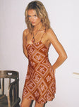 front view of model wearing Princess Polly Vittorio Bias Cut Mini Dress Rust / Pink Scoop Neck 