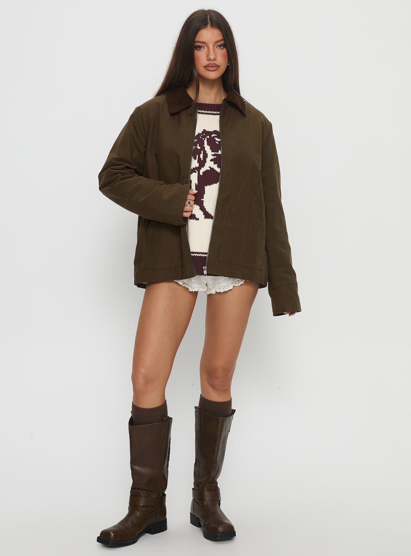Livya Contrast Collar Utility Jacket Khaki