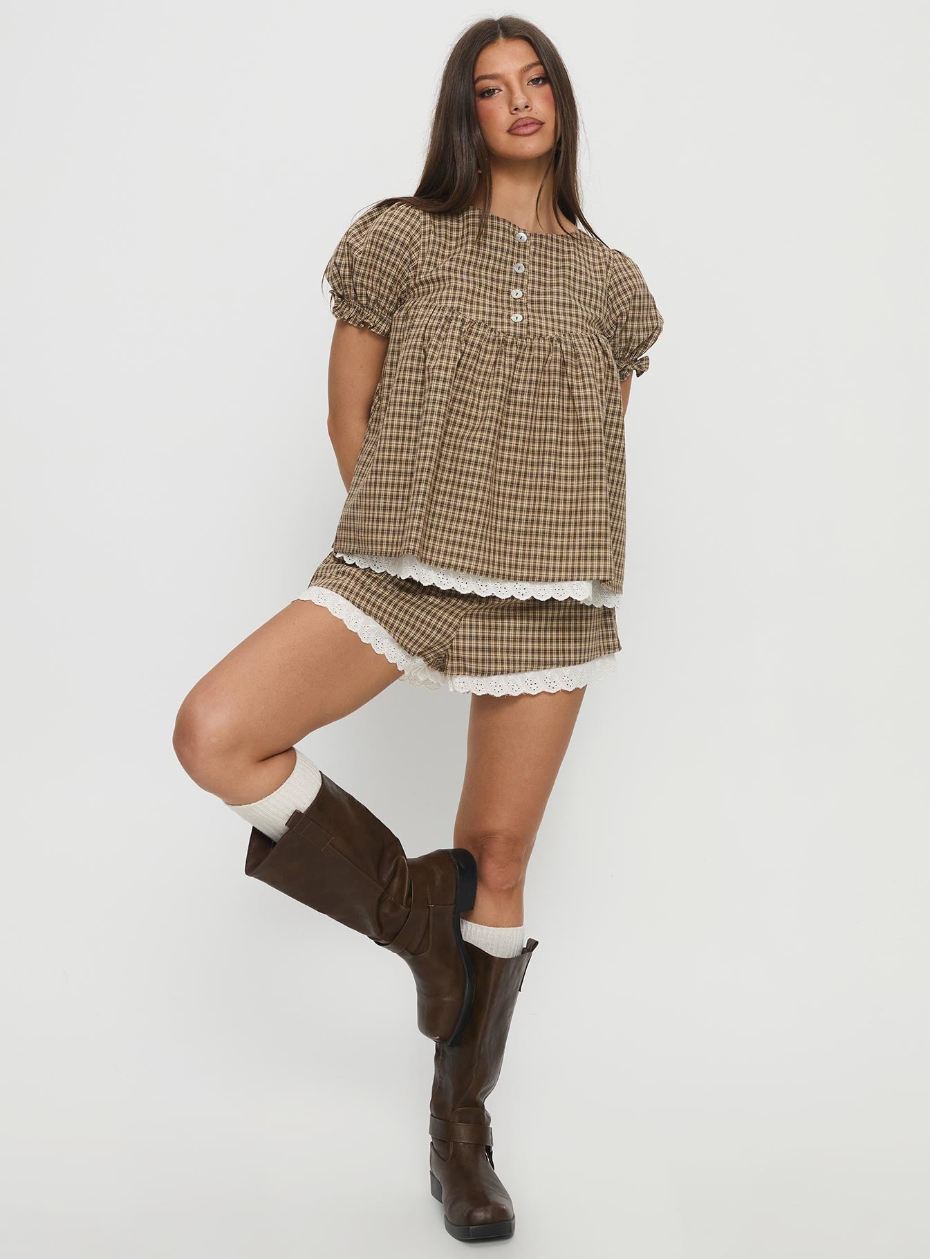 Chandelier Mini Lace Trim Shorts Brown Check | Princess Polly