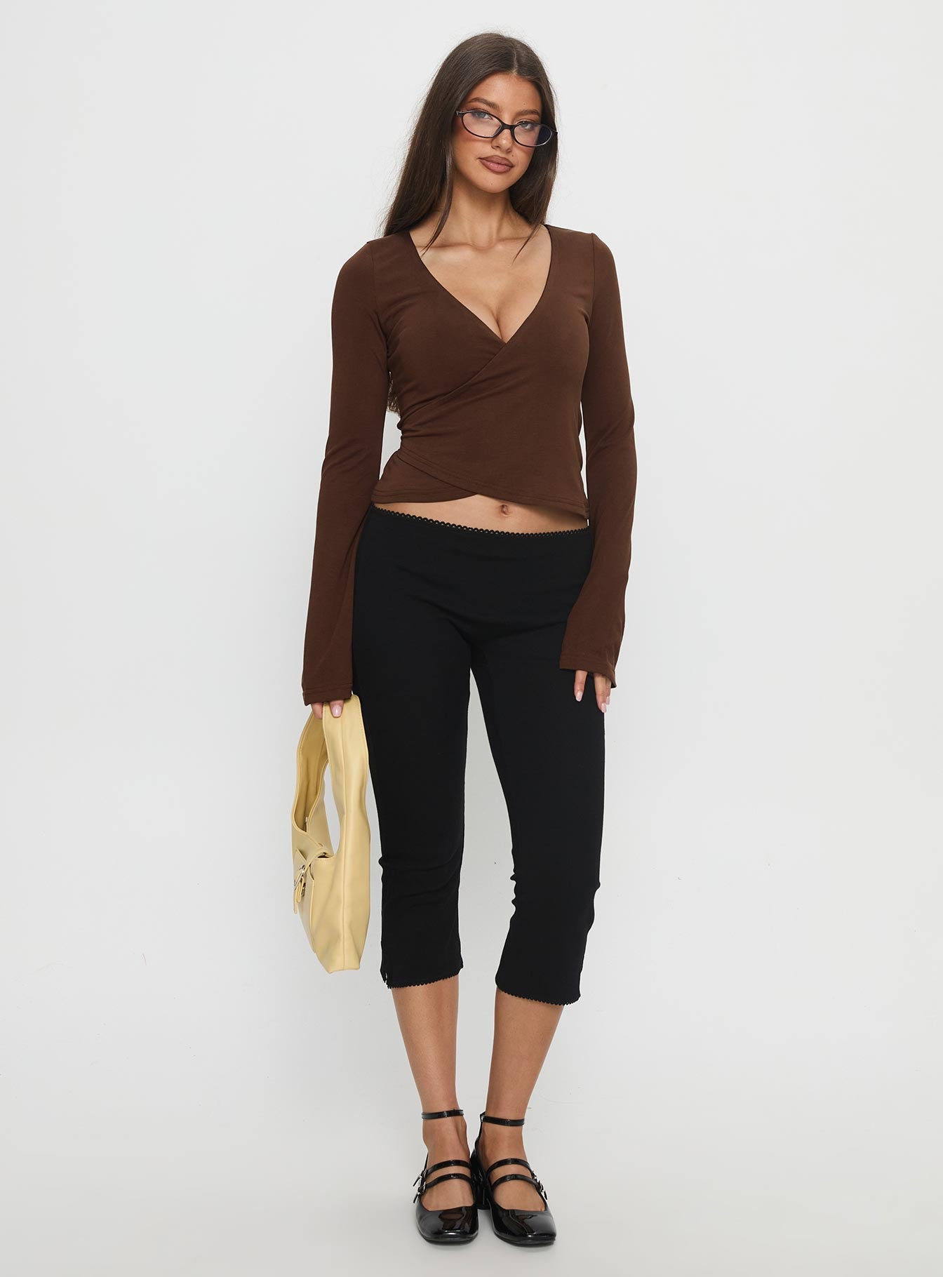 Stefanee Long Sleeve Wrap Top Brown