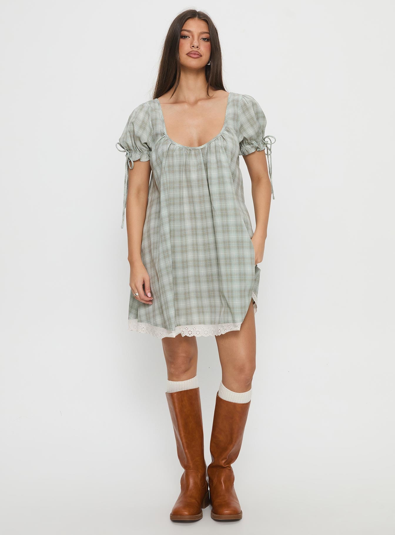 Embracing Puff Sleeve Swing Mini Dress Blue Check