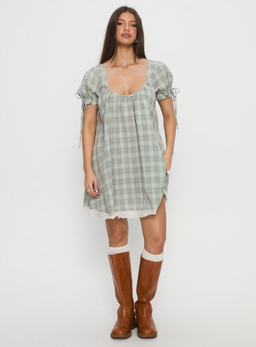 Embracing Puff Sleeve Swing Mini Dress Blue Check