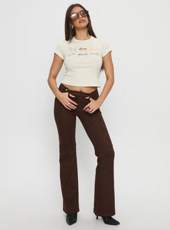 front view of model wearing Princess Polly Final Shot Faux Suede Pants Brown Low Rise Pants 