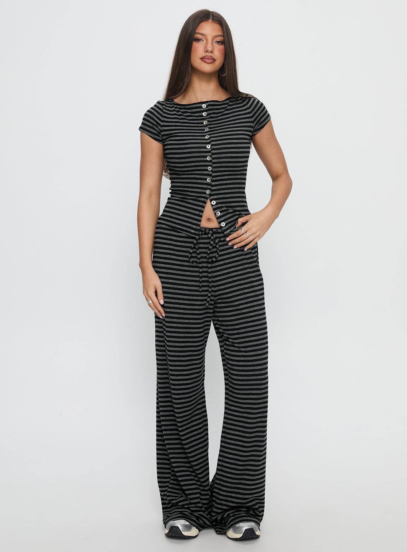 front view of model wearing Princess Polly Gavrielle Jersey Wide Leg Pants Stripe High Rise Pants 