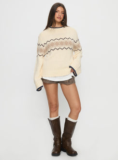 front view of model wearing Princess Polly Madalynn Knit Graphic Jumper Beige Long 