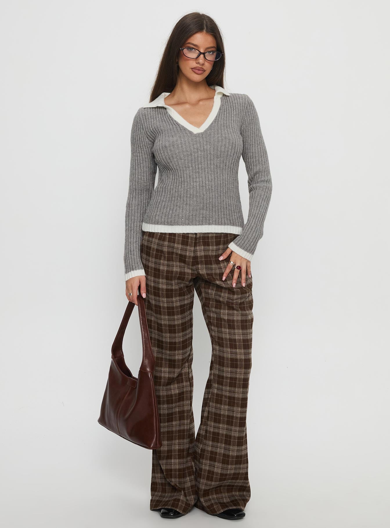 Emiroki Straight Leg Pants Brown Check | Princess Polly