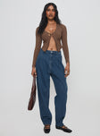 front view of model wearing Princess Polly Forestier Pin Tuck Jeans Mid Blue High Waisted 