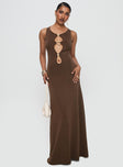 front view of model wearing Princess Polly Sanur Maxi Dress Brown Scoop Neck 