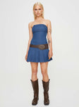 Dark blue strapless denim mini dress belt loop at bust pleated skirt