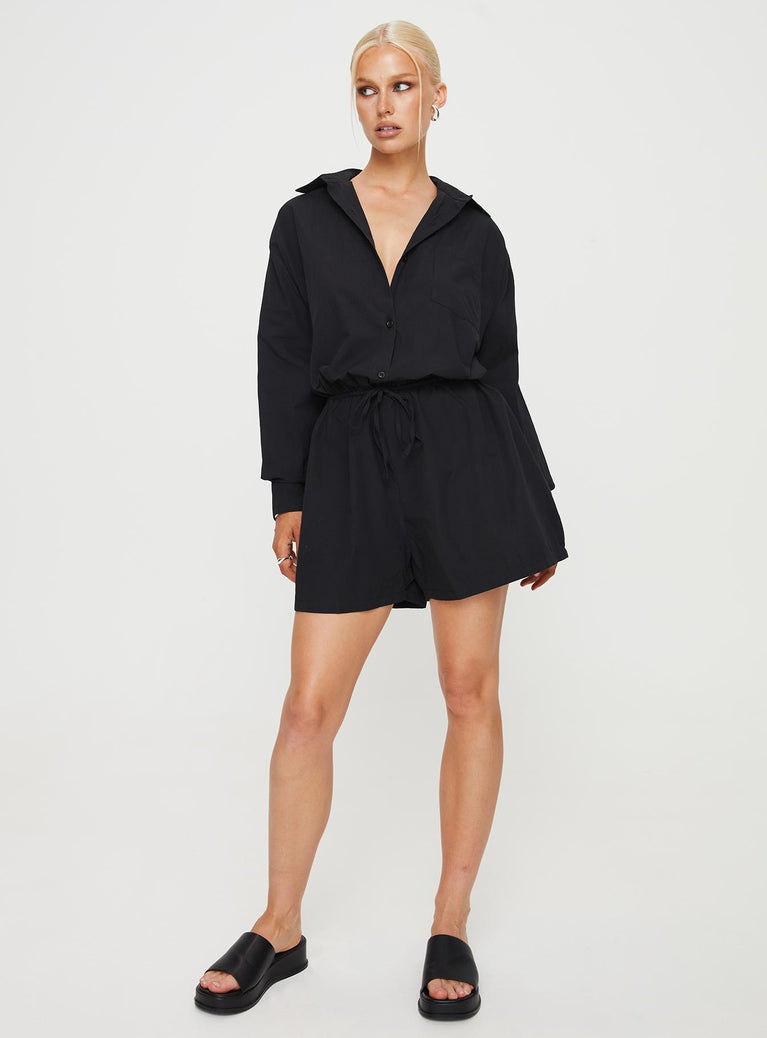 Black Long sleeve romper Classic collar button fastening at front front chest pocket drawstring waist with tie fastening twin hip pockets