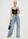 Black Crop top Slim fitting with adjustable shoulder straps hook and eye fastening at front and boning through waist