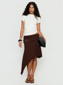 back view of model wearing Princess Polly Lorensa Double Buckle Asymmetrical Midi Skirt Brown Midi Skirts 