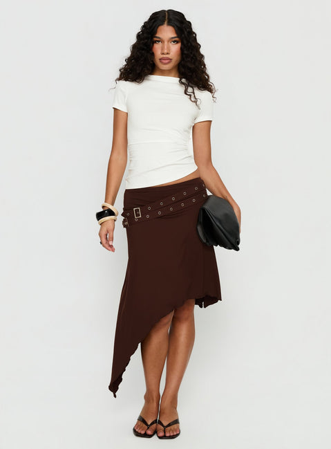 back view of model wearing Princess Polly Lorensa Double Buckle Asymmetrical Midi Skirt Brown Midi Skirts 