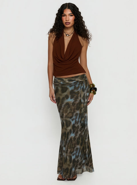   side view of model wearing Princess Polly Caviar Tie Maxi Skirt Leopard 