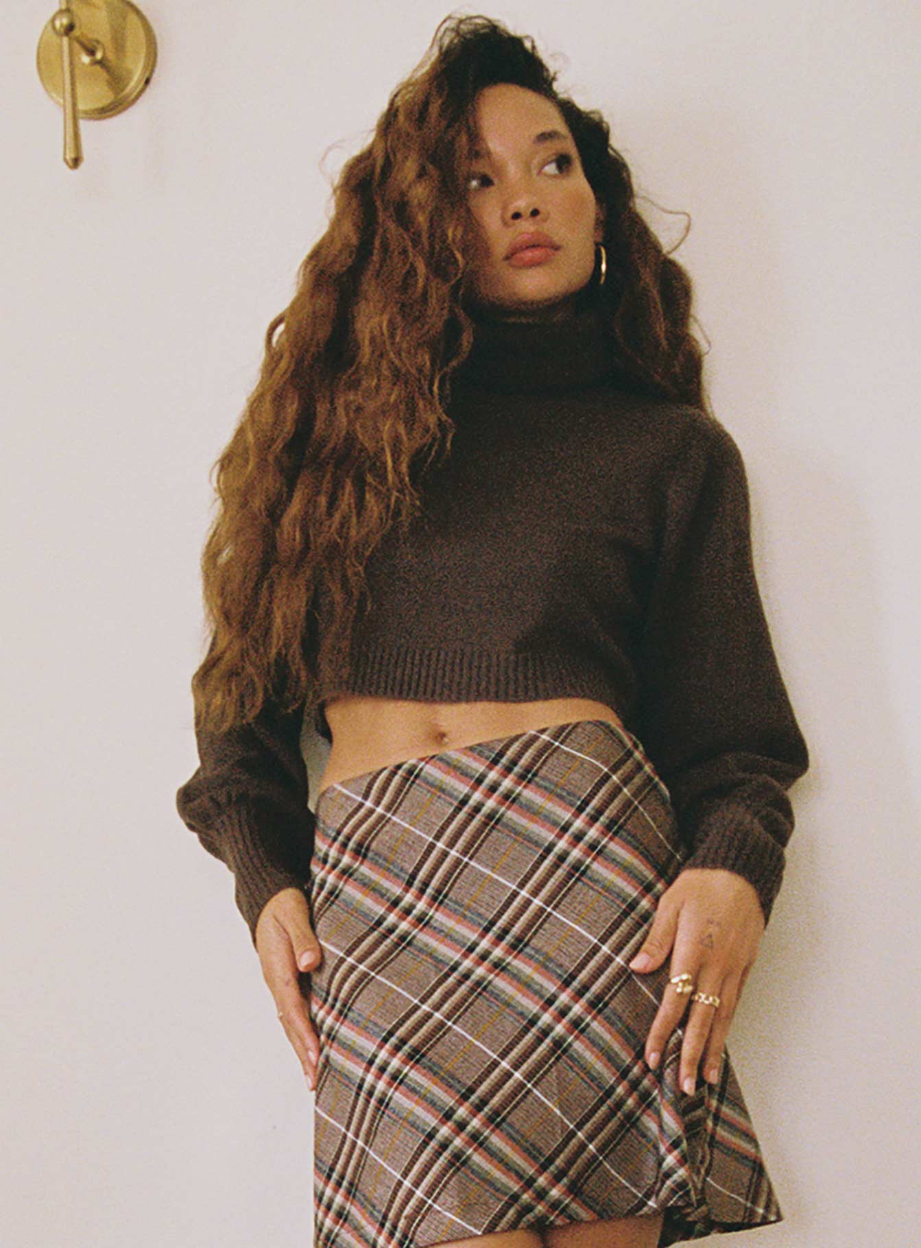 side view of model wearing Princess Polly Zahara Cropped Turtleneck Sweater Brown Cropped 