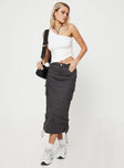 Cargo midi skirt, mid rise Belt looped waist, zip and button fastening, five pockets, split at back