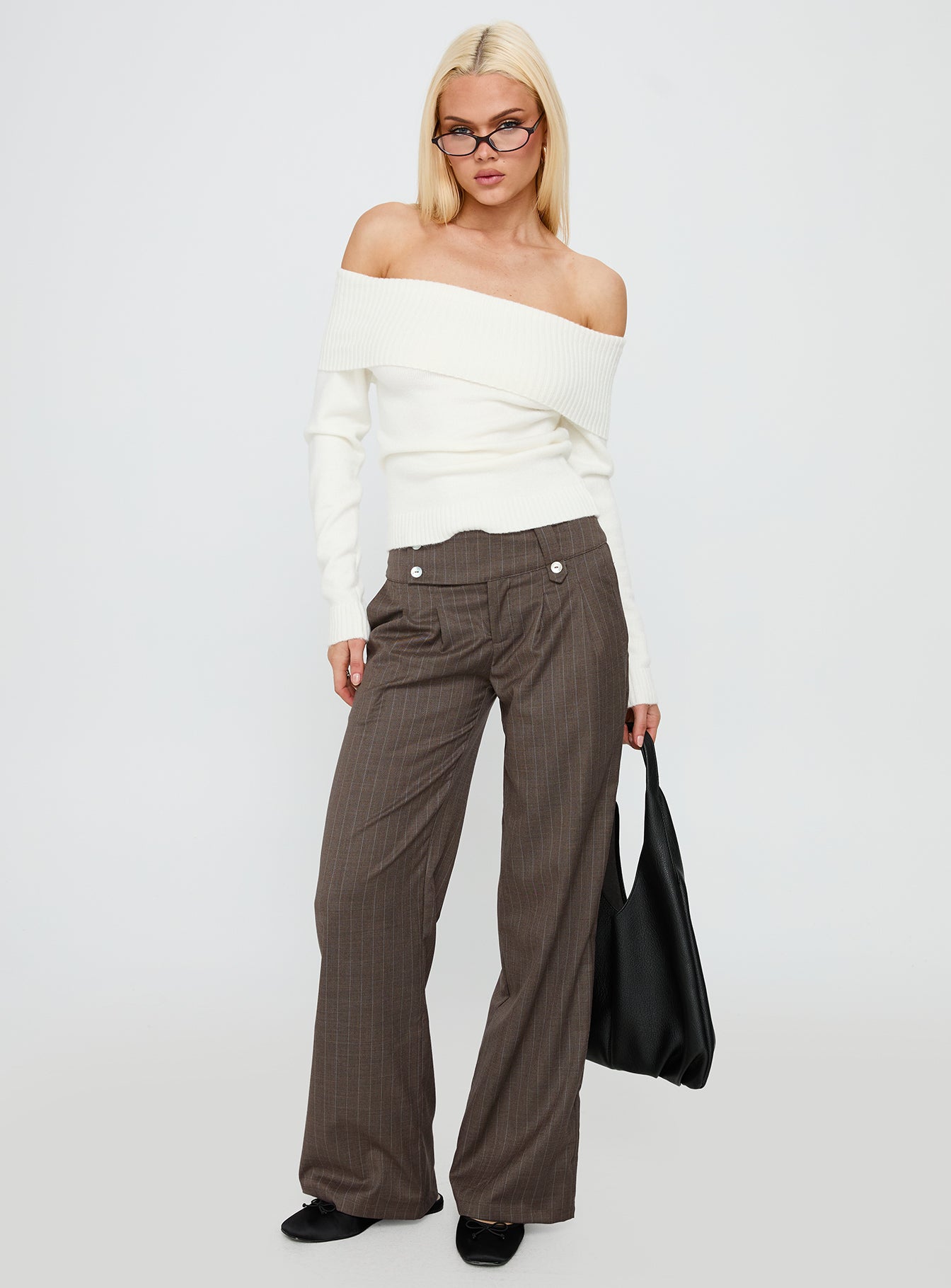 front view of model wearing Princess Polly Briellea Thick Waistband Pant Pinstripe Low Rise Pants 