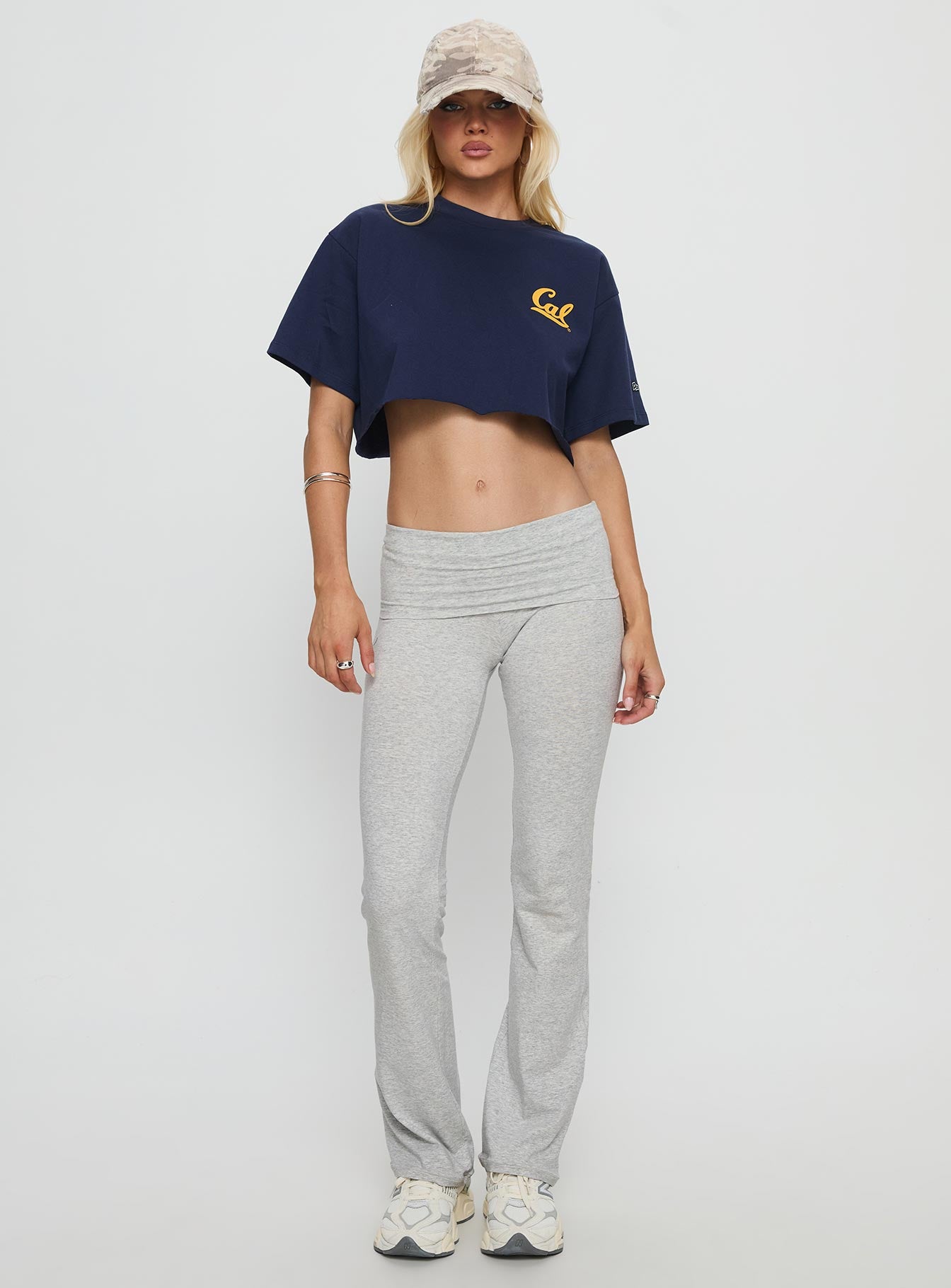 front view of model wearing Princess Polly UC Berkeley Foldover Pants Grey Mid Rise Pants 