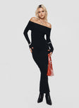 side view of model wearing Princess Polly Phylis Off The Shoulder Maxi Dress Black Straight Neck 