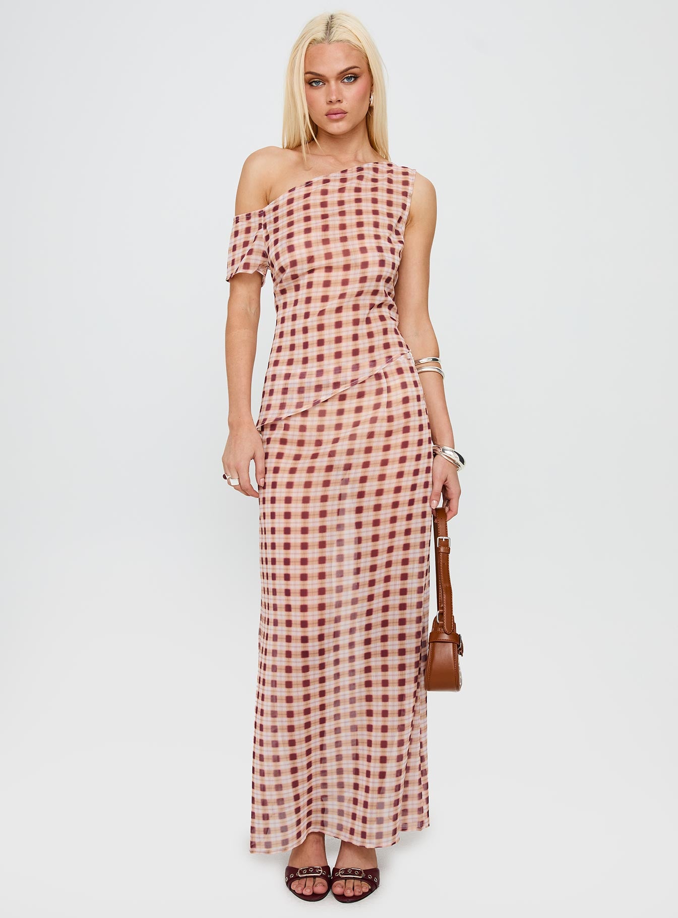   front view of model wearing Princess Polly Surina Skirt Peach Check Maxi 