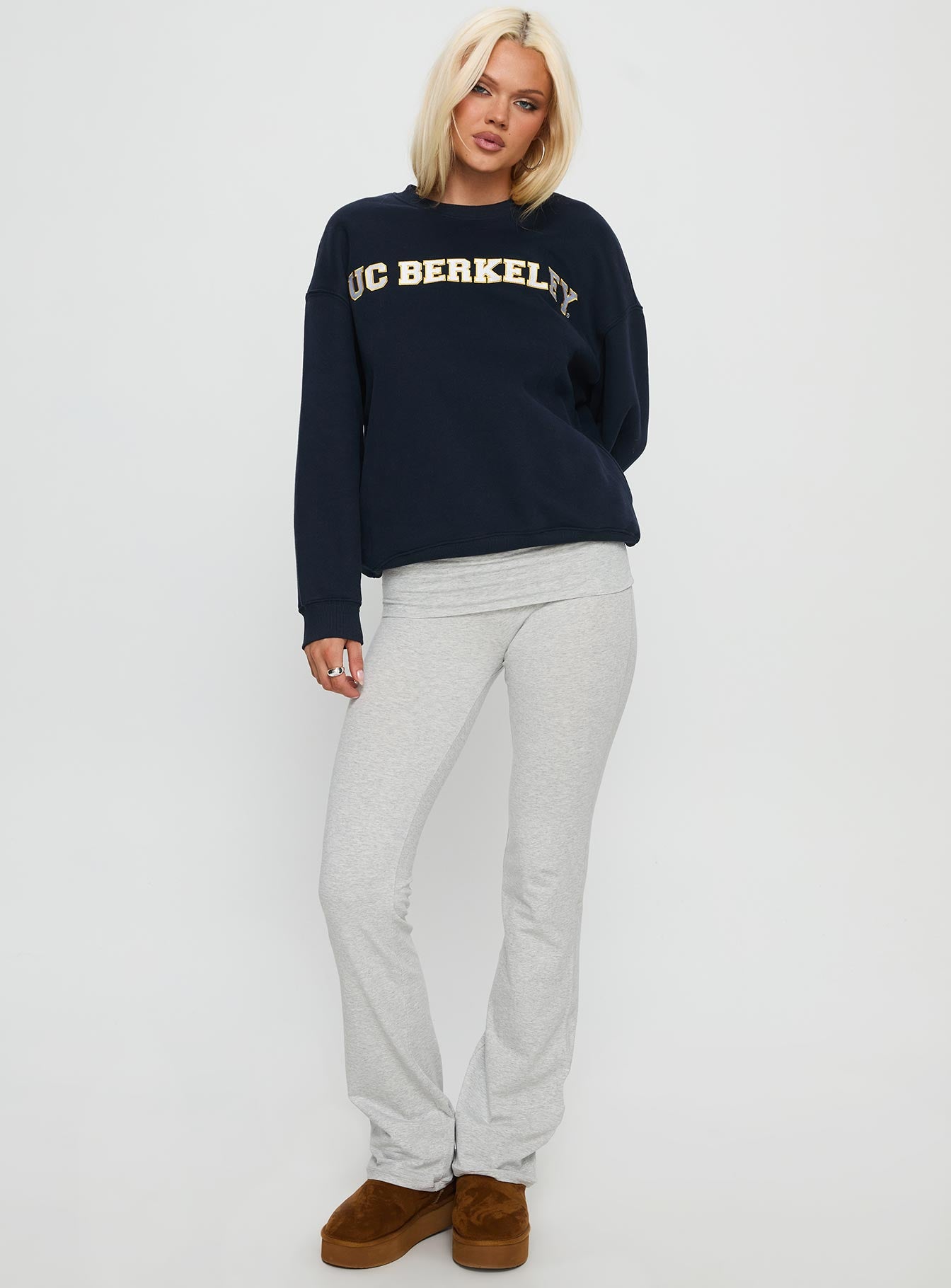 front view of model wearing Princess Polly UC Berkeley Offside Crewneck Sweatshirt Navy 