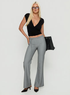 front view of model wearing Princess Polly Joanah Tie Waist Pant Grey Pinstripe Mid Rise Pants 