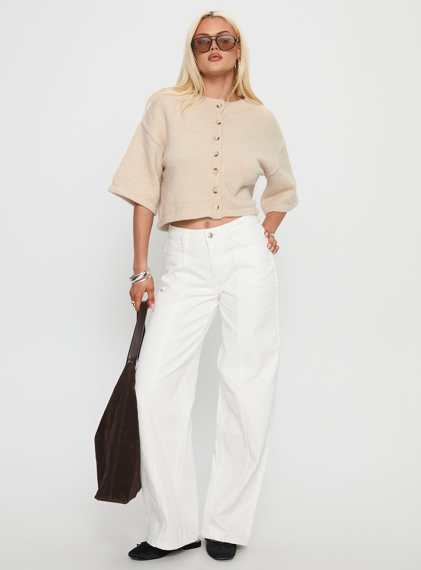 front view of model wearing Princess Polly Verina Short Sleeve Knit Cardigan Oat cropped 