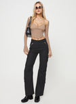 Pants Mid rise, belt looped waist, zip and clasp fastening, six pocket detail, tucked detail along inner seams at knees