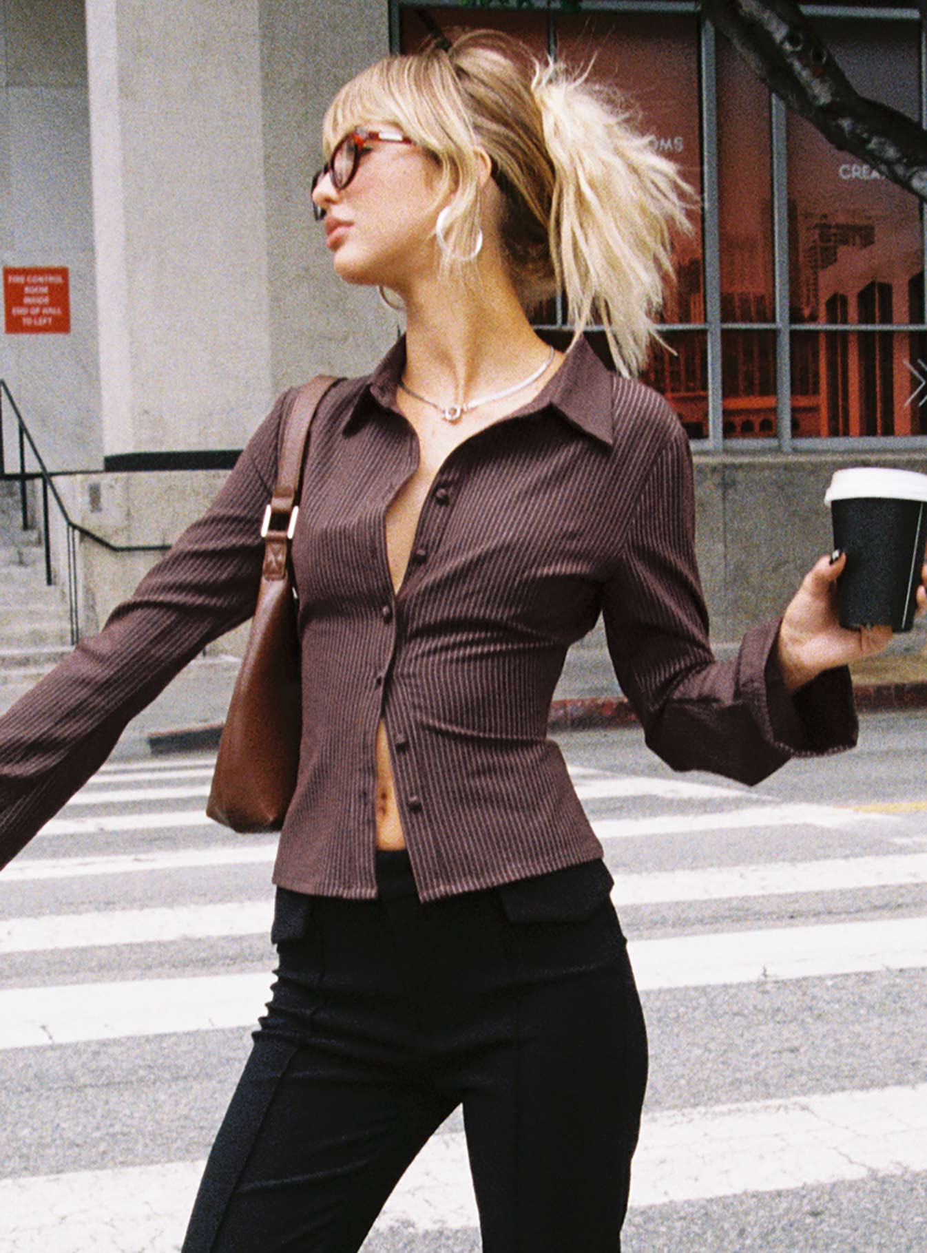 Anni Pinstripe Shirt | Brown | Womens | Princess Polly Lower Impact Anni Pinstripe Shirt | Brown | Womens | Princess Polly Lower Impact
