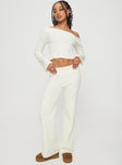 front view of model wearing Princess Polly Sina Off The Shoulder Top Cream Full Sleeves Asymmetric Neckline 