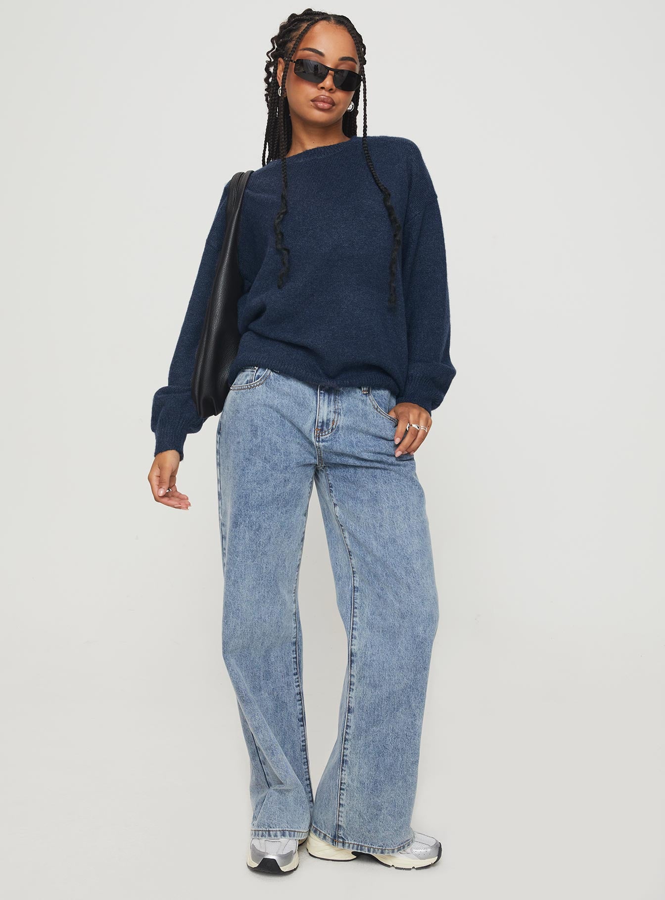 side view of model wearing Princess Polly Ryanna Sweater Navy Cropped 