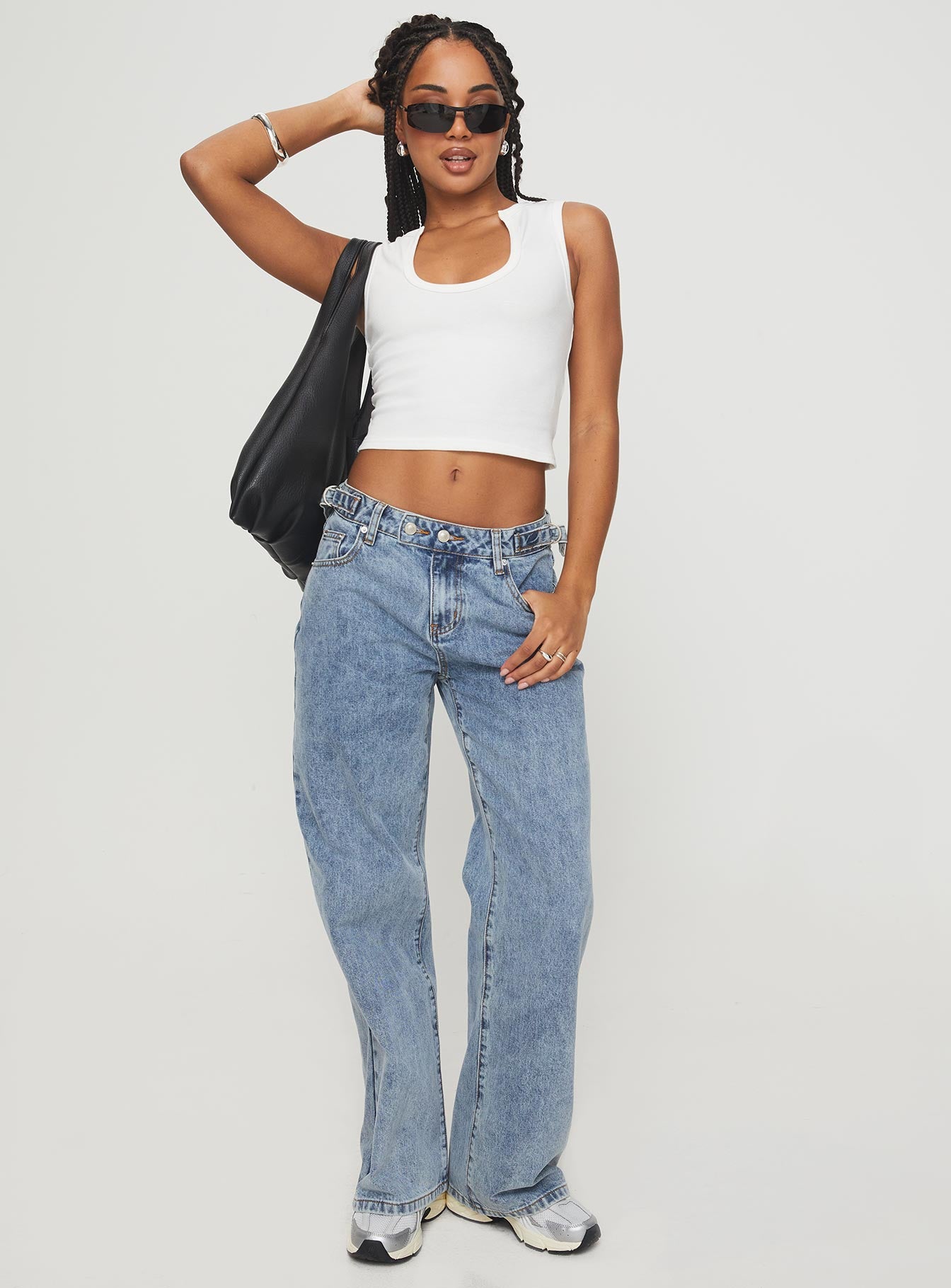 front view of model wearing Princess Polly Somer Top White Sleeveless Scoop Neck 