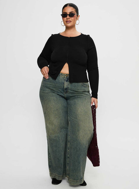 side view of model wearing Princess Polly Kortez Long Sleeve Zip Through Top Black Curve Full Sleeves Crew Neck 