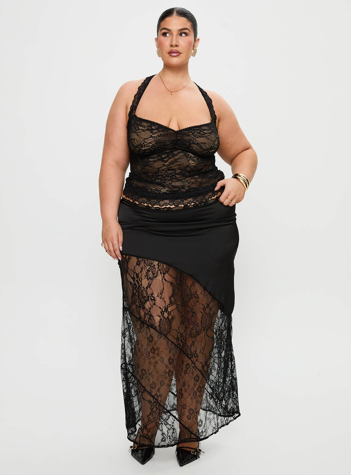   front view of model wearing Princess Polly Castelli Lace Maxi Skirt Black Curve Maxi 