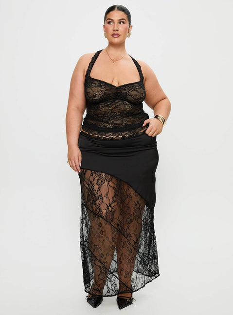 front view of model wearing Princess Polly Fantasize Lace Halter Top Black Curve Sleeveless Sweetheart 