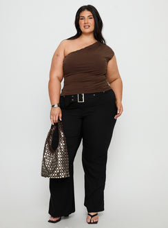 side view of model wearing Princess Polly Kortnee Eyelet Detail Flare Leg Pants Black Curve Mid Rise Pants 