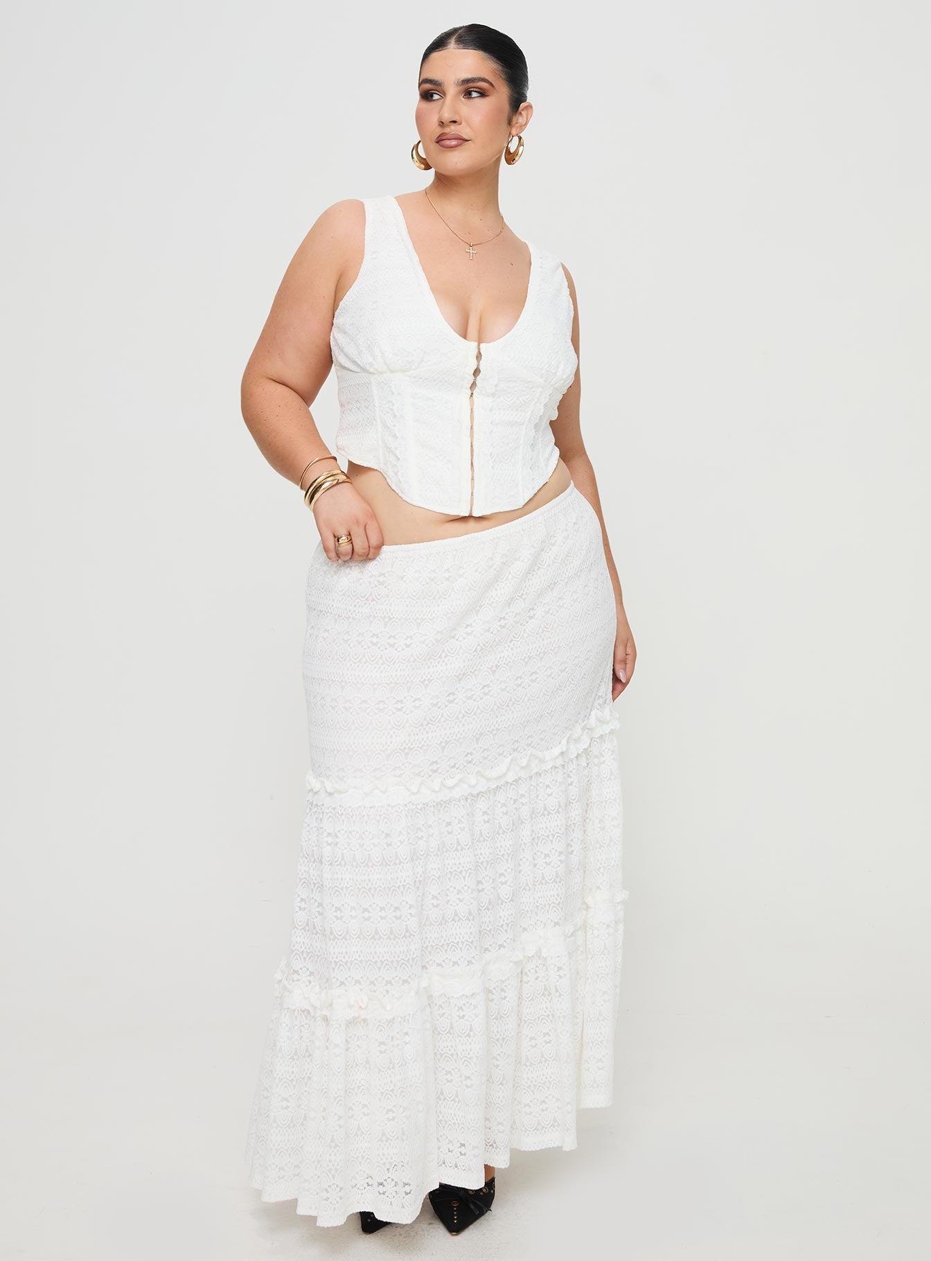   front view of model wearing Princess Polly Buttacupe Lace Maxi Skirt White Curve Maxi 