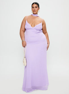 back view of model wearing Princess Polly Jadira Scarf Maxi Dress Purple Curve Plunger 