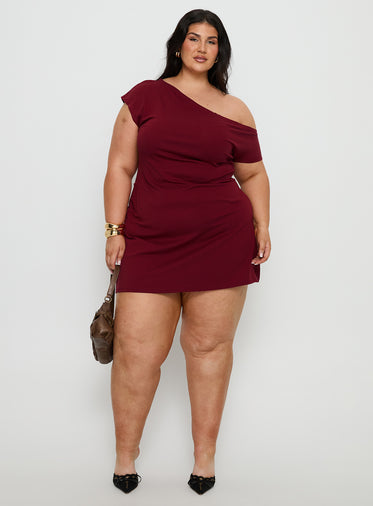Prestige One Shoulder Mini Dress Burgundy Curve